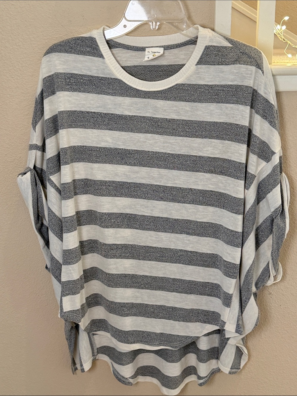 Striped Dolman Sleeve Women's Top in Gray and White